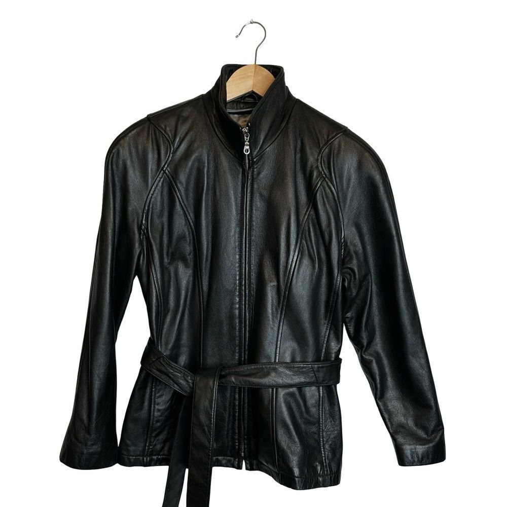 WILSONS LEATHER Black Belted Leather Biker Jacket Zip Front Size Medium - Picture 5 of 14